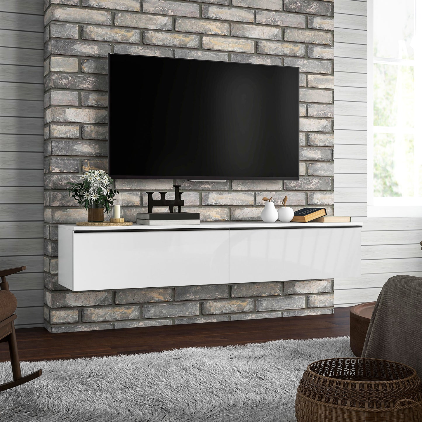 Wall Mounted TV Stand, Floating TV Cabinet for up to 70" TVs with Storage, High Gloss Effect, White TV Stands White  at Gallery Canada