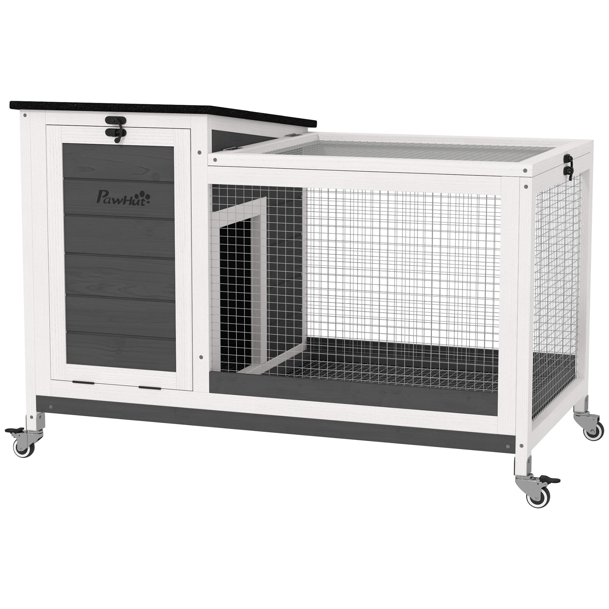 Wooden Rabbit Hutch with Pull-Out Tray, Asphalt Openable Roof, Small Animal Cage on Wheels with Run, Grey Rabbit Hutch at Gallery Canada