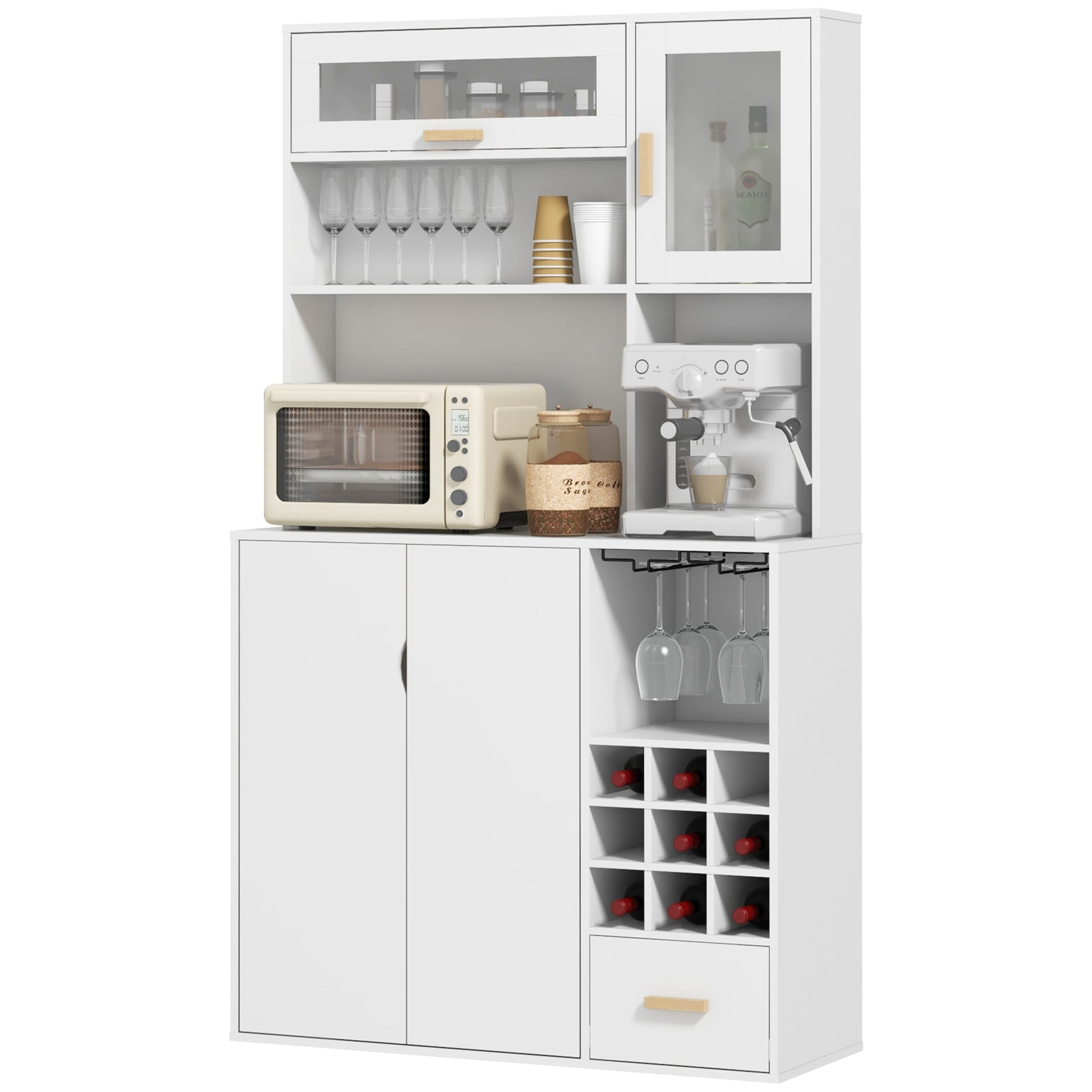 Coffee Bar Cabinet, Kitchen Hutch with Wine Storage, Microwave Countertop, Drawer and Tempered Glass Doors, White Wine Racks White  at Gallery Canada