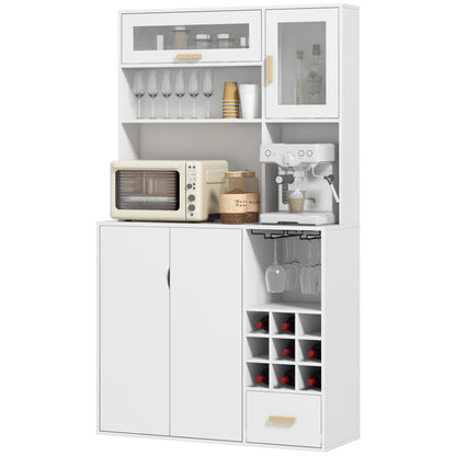 Coffee Bar Cabinet, Kitchen Hutch with Wine Storage, Microwave Countertop, Drawer and Tempered Glass Doors, White Wine Racks White  at Gallery Canada