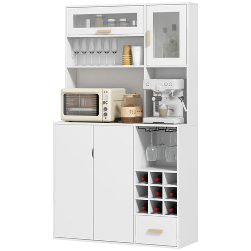 Coffee Bar Cabinet, Kitchen Hutch with Wine Storage, Microwave Countertop, Drawer and Tempered Glass Doors, White