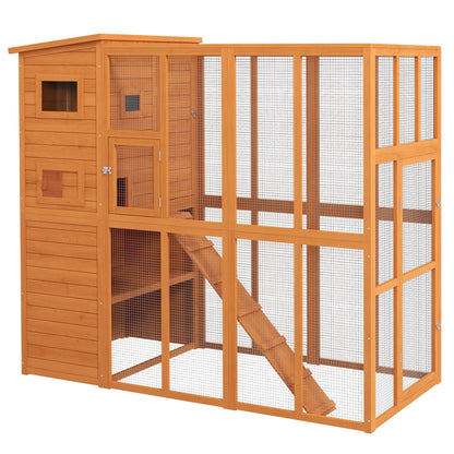 68.75" H Cat Cage Large Wooden Outdoor Cat House with Large Run for Play, Catio for Lounging, and Condo Area for Sleeping, Natural Outdoor Cat Enclosures Natural  at Gallery Canada