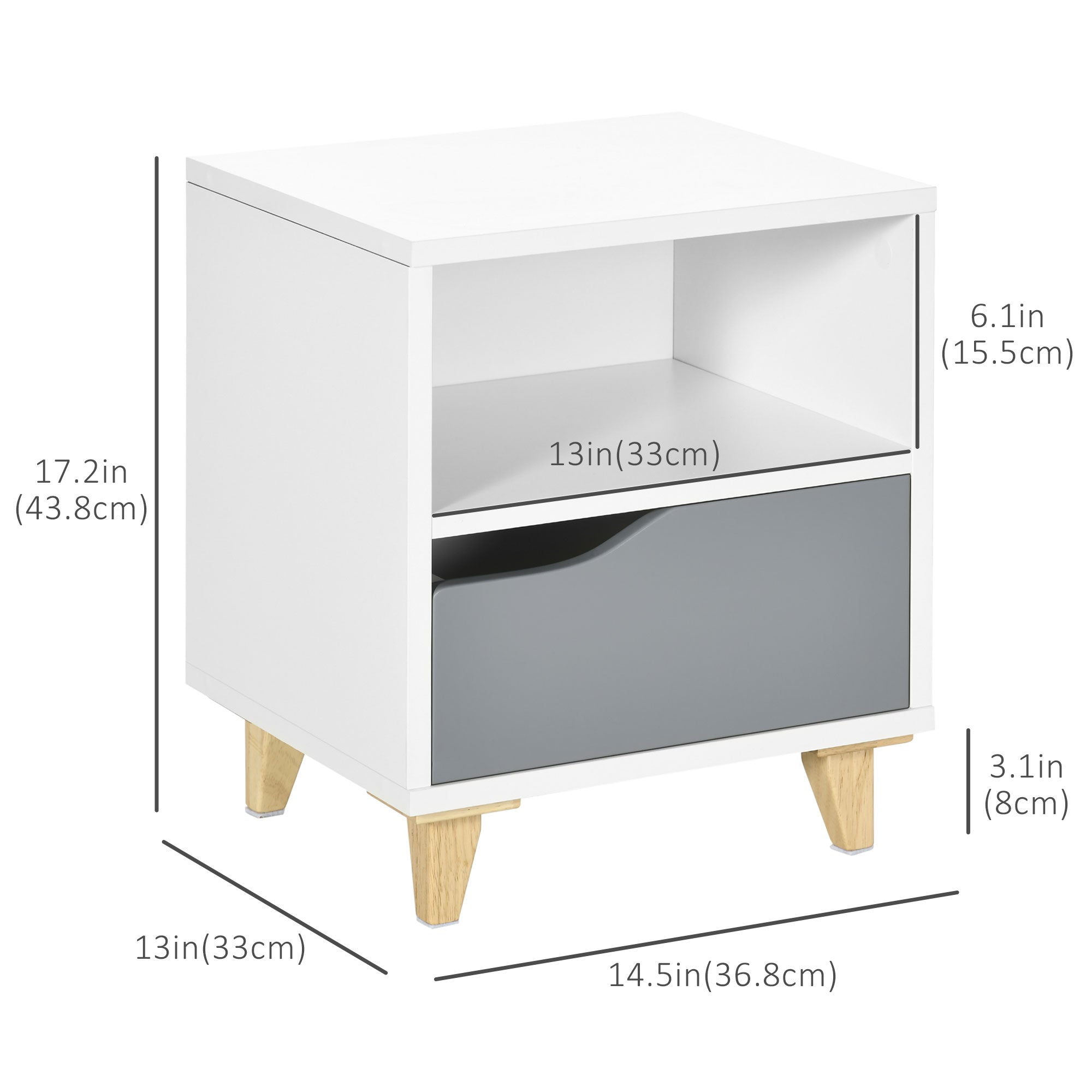 Modern Bedside Table, Side End Table with Shelf, Drawer and Wood Legs, 14.5