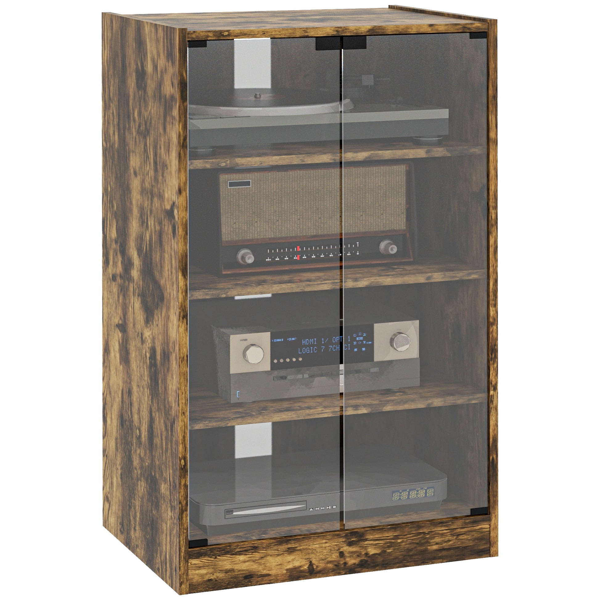 5-Tier Media Cabinet, Media Stand with Adjustable Shelves, Tempered Glass Doors, and Cable Management, Rustic Brown Storage Cabinets   at Gallery Canada