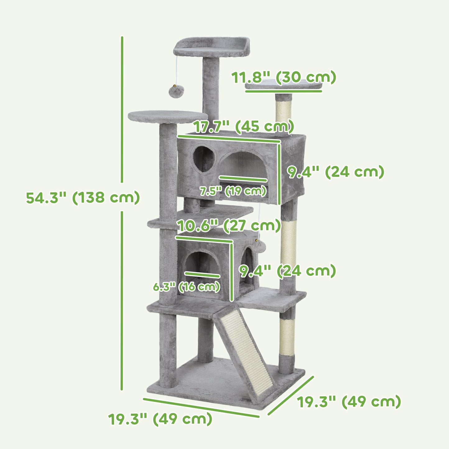 54" Cat Tree, Multi-Level Cat Tower with Scratching Posts, Cat Condos, Bed, Platforms, Ramp, Toy Ball, Light Grey Cat Towers   at Gallery Canada