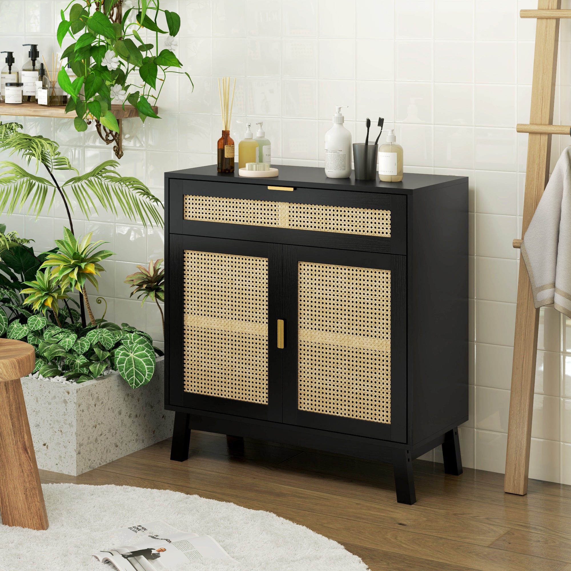 Boho Sideboard Storage Cabinet with Rattan Doors, Black Storage Cabinets at Gallery Canada