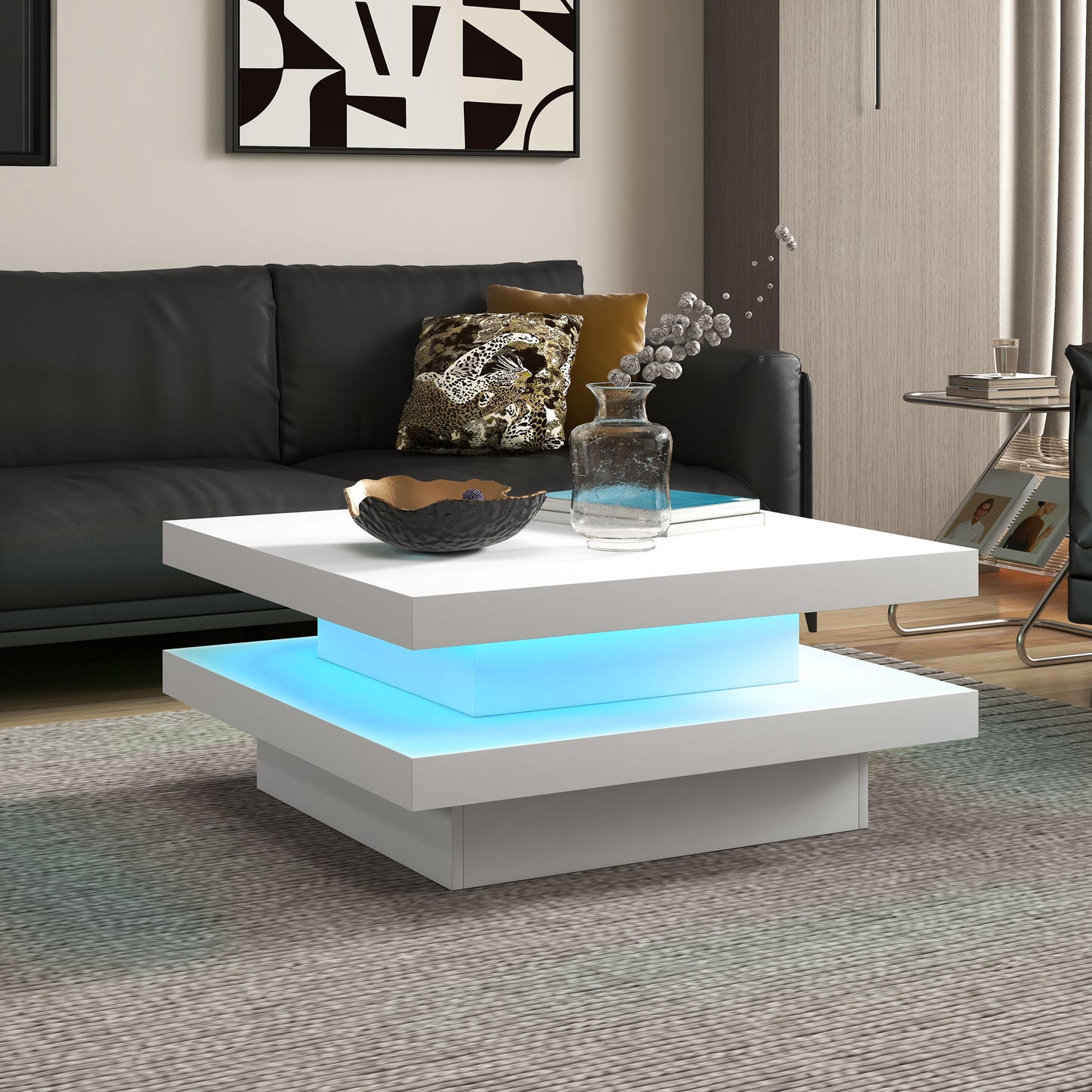 Square Coffee Table with 7 LED Lights and Remote, 2-Tier Modern Center Table for Living Room, White Coffee Tables White  at Gallery Canada