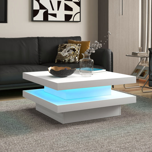 Square Coffee Table with 7 LED Lights and Remote, 2-Tier Modern Center Table for Living Room, White Coffee Tables   at Gallery Canada