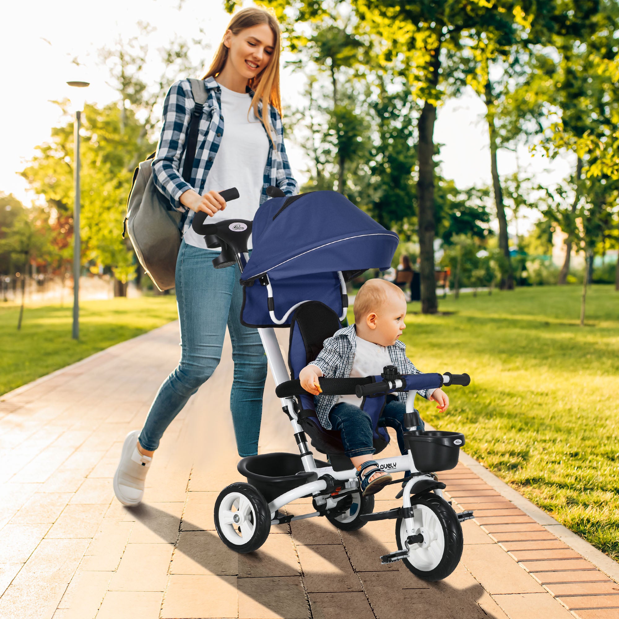6 in 1 Toddler Tricycle with Parent Push Handle, Canopy, Storage Baskets, Cupholder, Dark Blue Tricycles for Kids at Gallery Canada