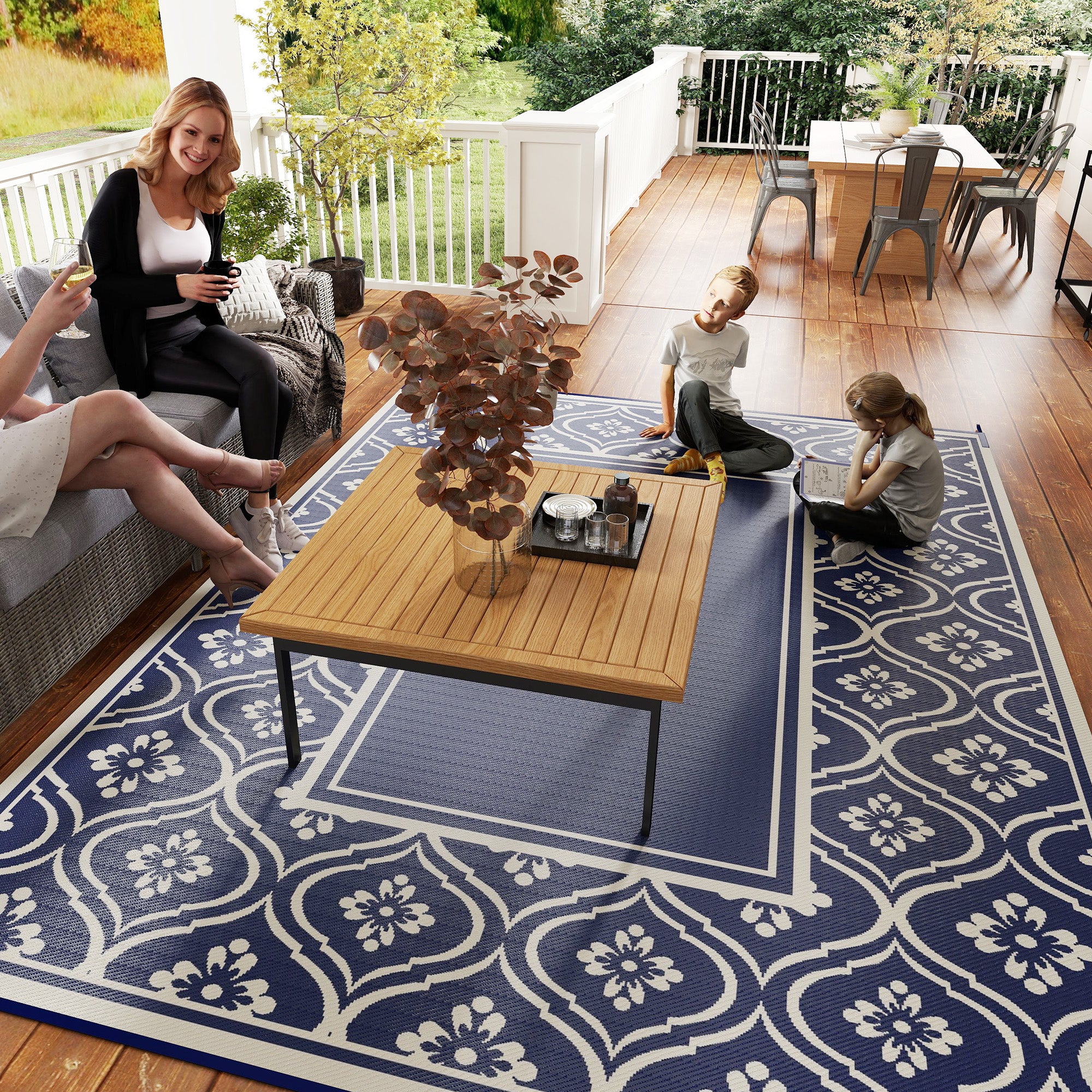 9' x 12' Outdoor RV Rug, Reversible Patio Floor Mat with Carry Bag, Gourd Border, Blue and White Garden Decor at Gallery Canada