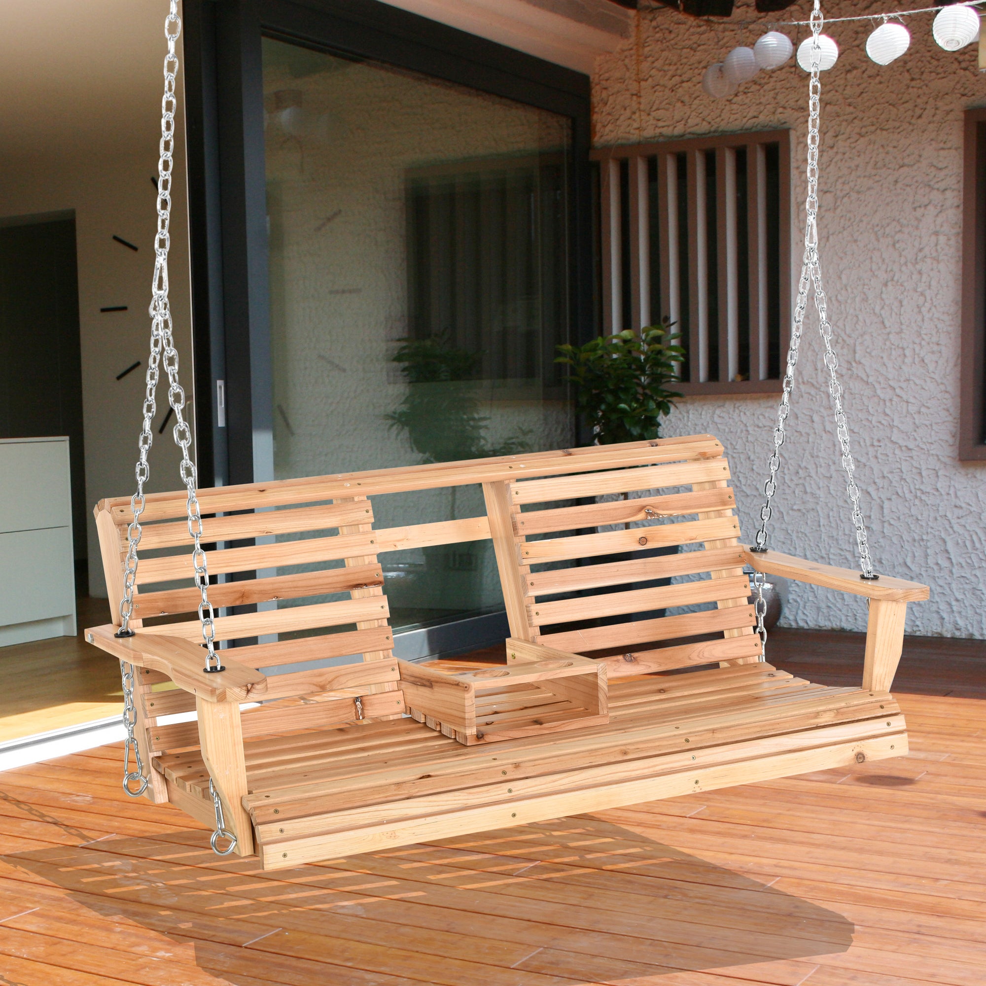 3 Seater Patio Swing Chair Wood Porch Swing with Foldable Table, Cup Holders, Steel Chains for Garden, Yard, Natural Hanging Porch Swings at Gallery Canada