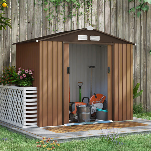 7' x 4' x 6' Garden Storage Shed Outdoor Patio Metal Tool Storage House w/ Foundation Kit and Double Doors Yellow