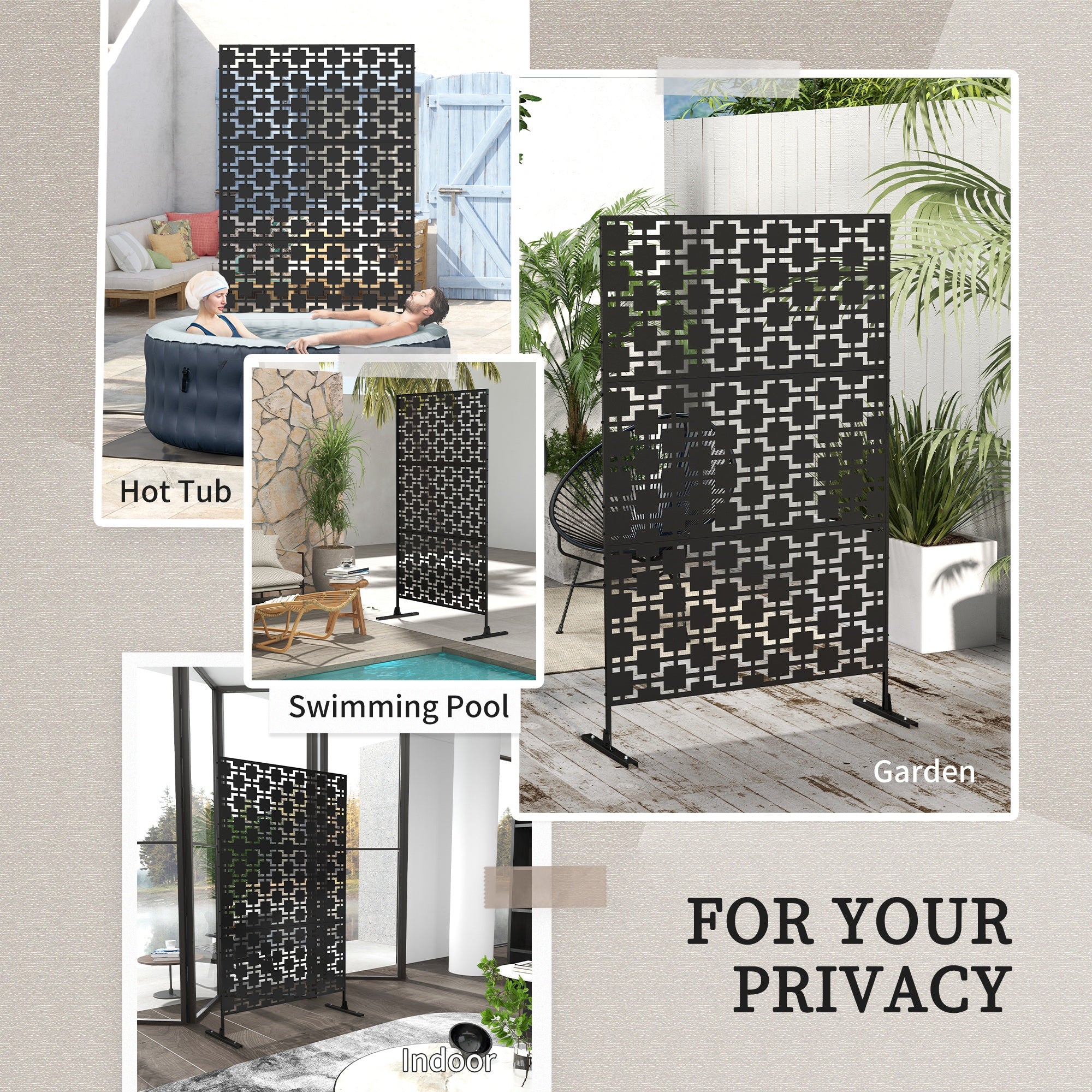6.5FT Decorative Outdoor Divider, Metal Privacy Screen with Stand, Grid Style, Black Side Awnings at Gallery Canada