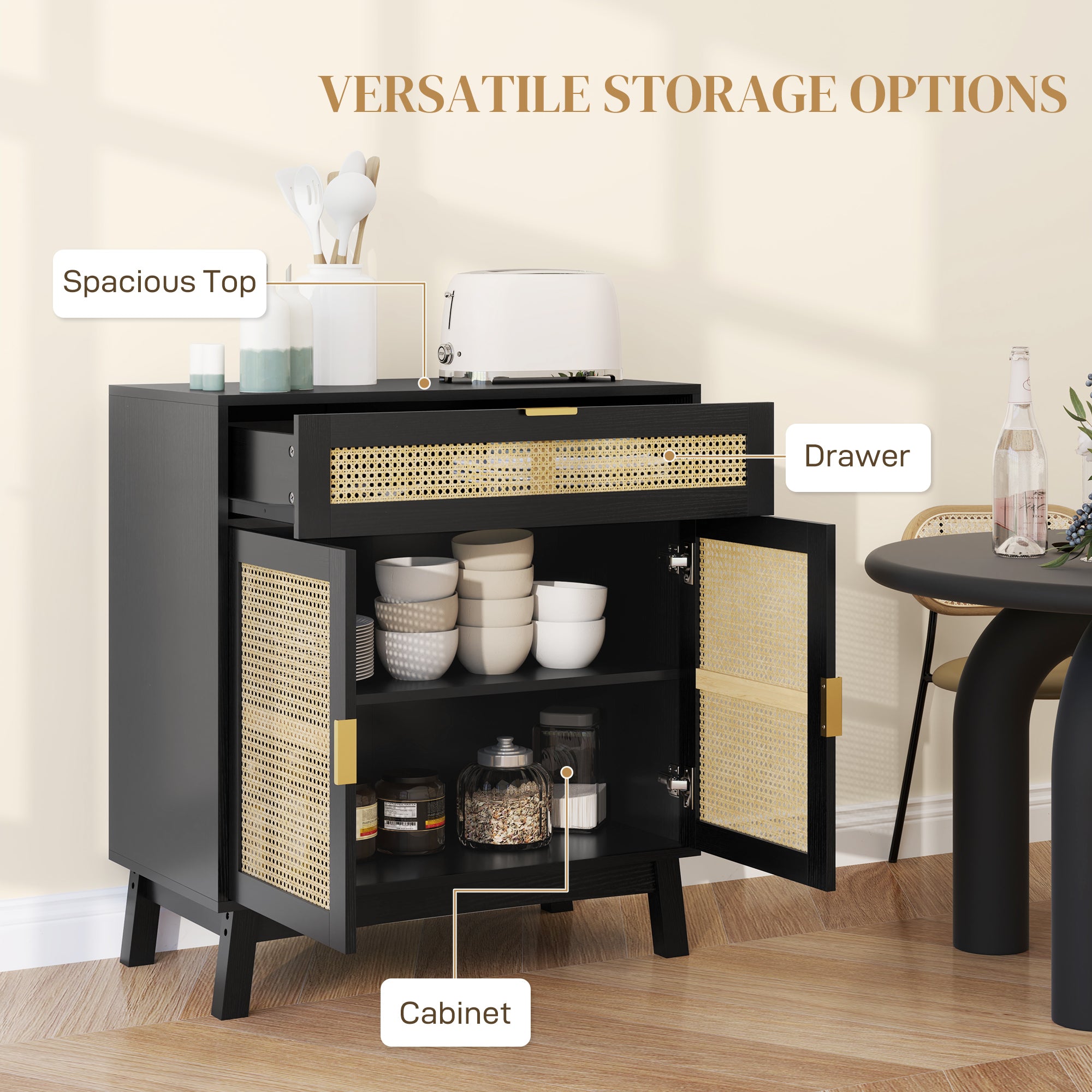 Boho Sideboard Storage Cabinet with Rattan Doors, Black Storage Cabinets at Gallery Canada