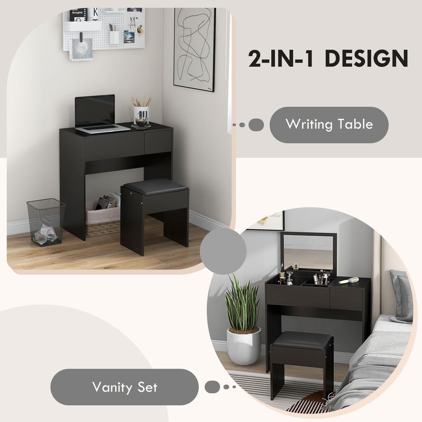 Modern Vanity Set with Flip Top Mirror and Cushioned Stool, Dressing Table with Storage Drawer for Bedroom, Black Dressing & Vanity Tables   at Gallery Canada