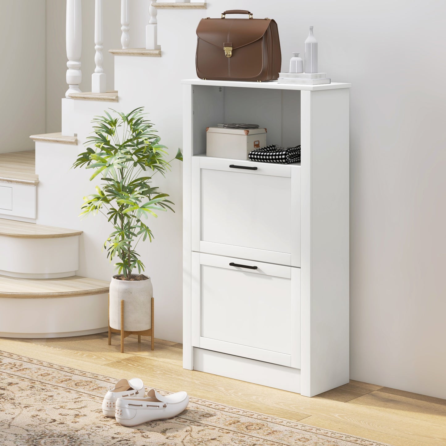 Narrow Shoe Cabinet with Open Shelf and 2 Flip Drawers for 10 Pairs of Shoes, for Entryway, Hallway, White Shoe Storage Cabinets & Racks White  at Gallery Canada