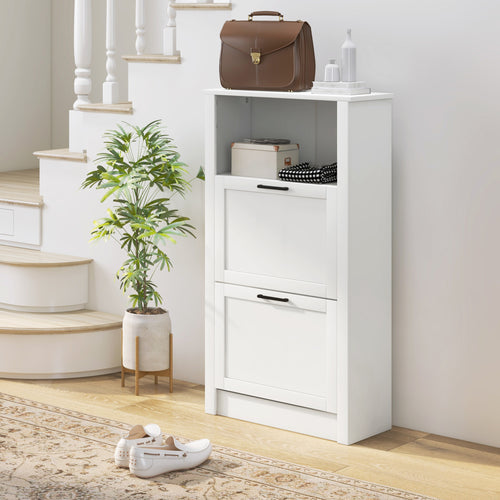 Narrow Shoe Cabinet with Open Shelf and 2 Flip Drawers for 10 Pairs of Shoes, for Entryway, Hallway, White