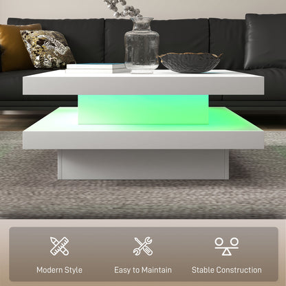 Square Coffee Table with 7 LED Lights and Remote, 2-Tier Modern Center Table for Living Room, White Coffee Tables   at Gallery Canada