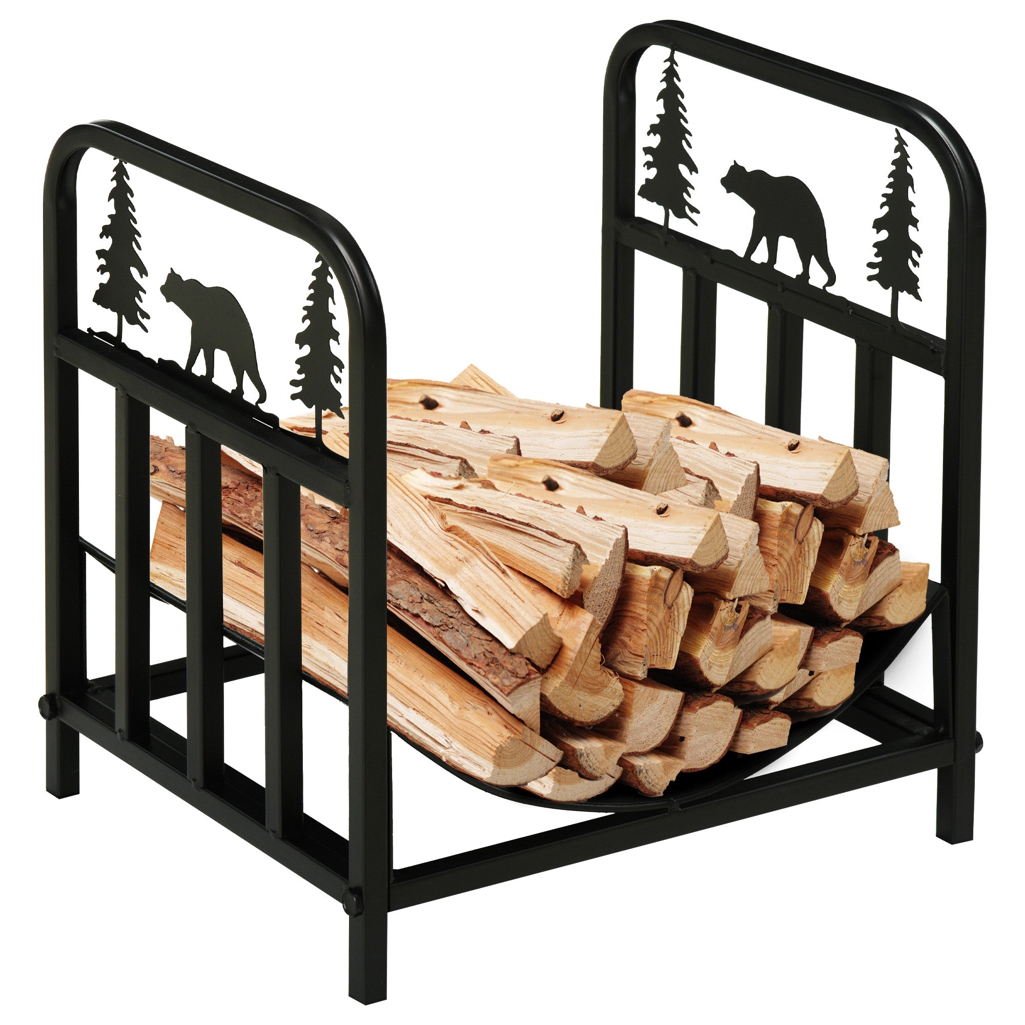Curved Firewood Rack with Bear and Pine Tree Design, 17 Inch Log Holder Storage Rack with 110 lbs. Capacity, Black Firewood Racks Black at Gallery Canada