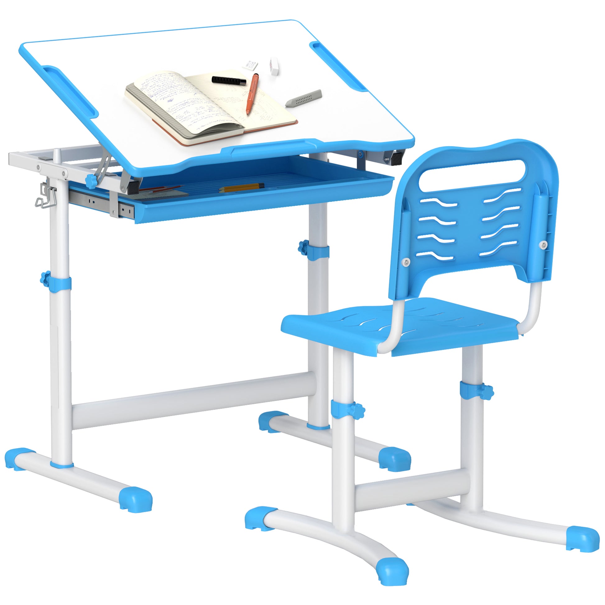 Height Adjustable Study Table and Chair Set with Drawer, Pen Slot, Tiltable Desktop, Hook, Blue Kids Desk Sets   at Gallery Canada