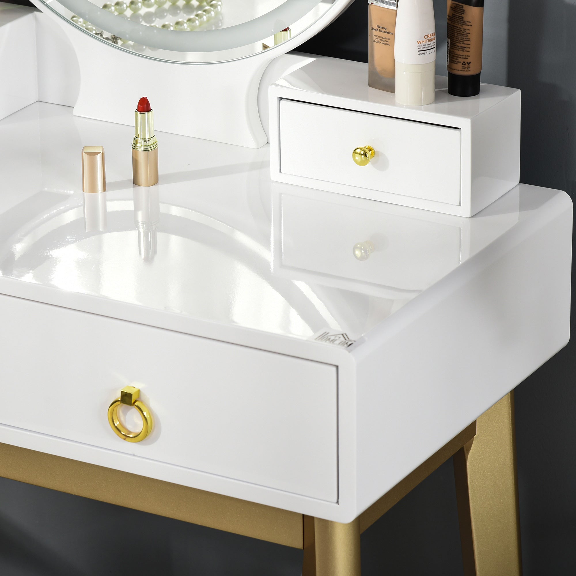 Makeup Vanity Table Set with Round Mirror, Built-in 3 Color LED Light, Dressing Desk with 4 Drawers and Cushioned Stool for Bedroom, White Dressing & Vanity Tables at Gallery Canada