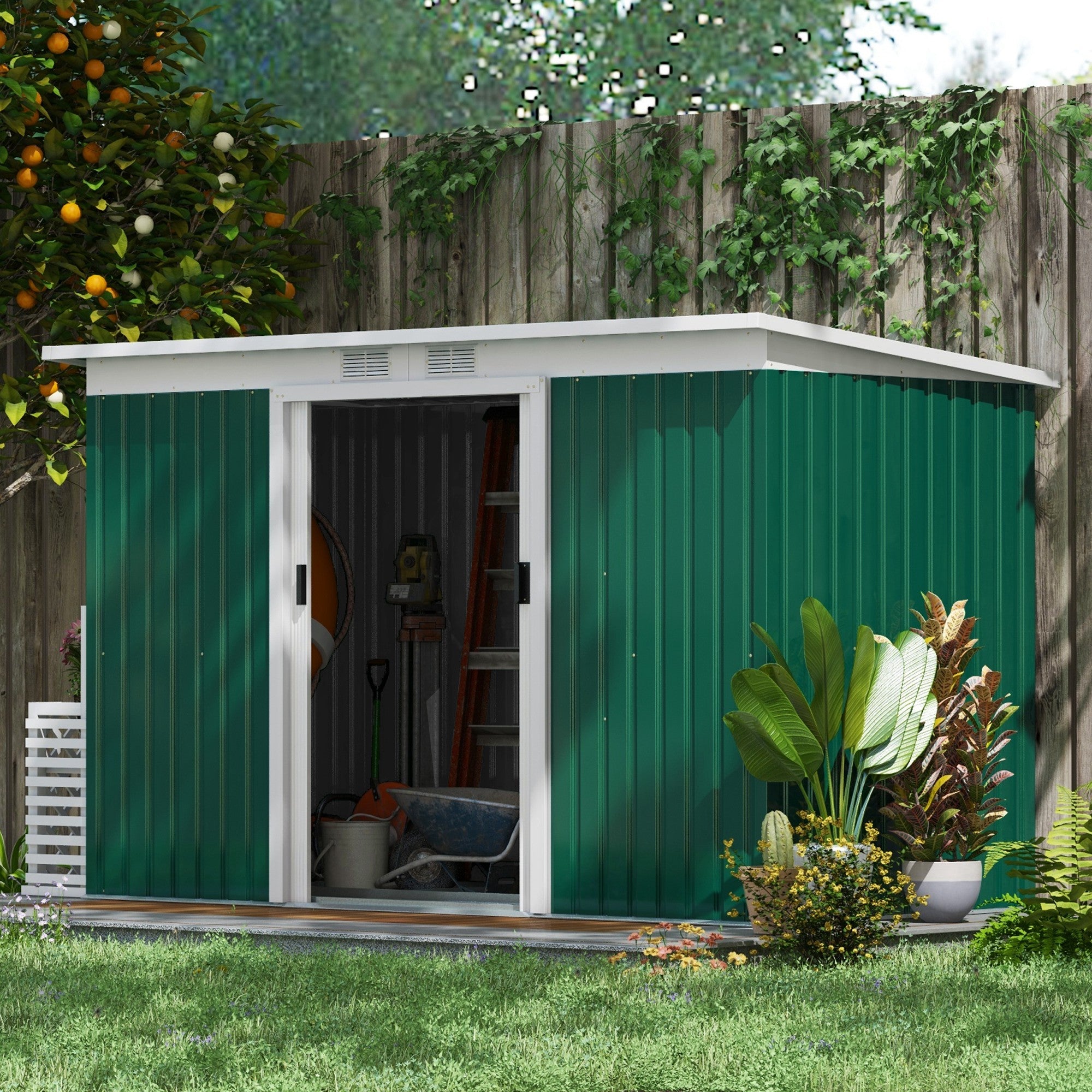 9' x 4' Garden Metal Storage Shed Outdoor Equipment Tool Box with Foundation Kit, Ventilation &; Doors, Dark Green Sheds   at Gallery Canada