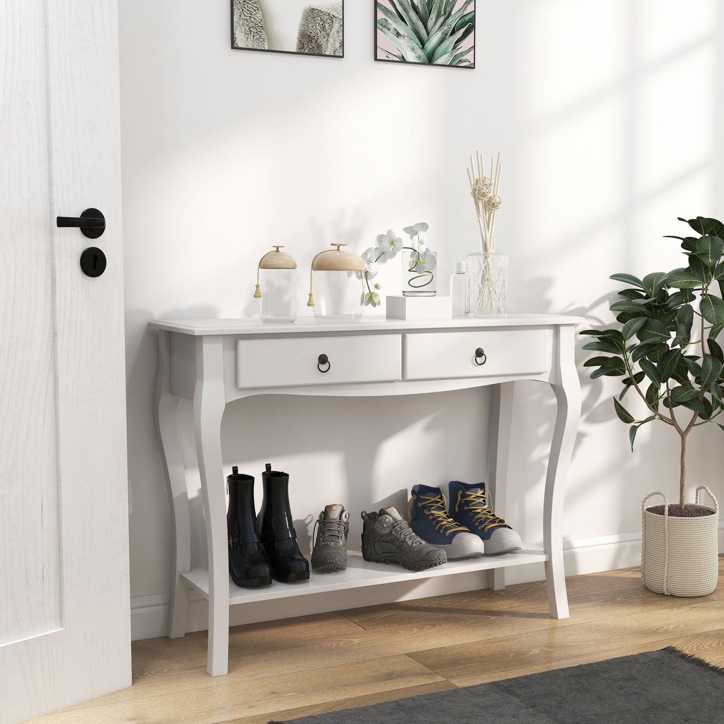 Console Table, Modern Entryway Table with 2 Drawers and Bottom Shelf, Sofa Table for Living Room, Hallway, Ivory White Console Tables   at Gallery Canada