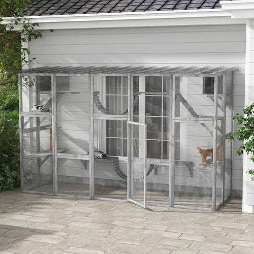 Large Outdoor Catio with Condos, Platforms, Doors, Ladders, Weather-Resistant Roof, Grey