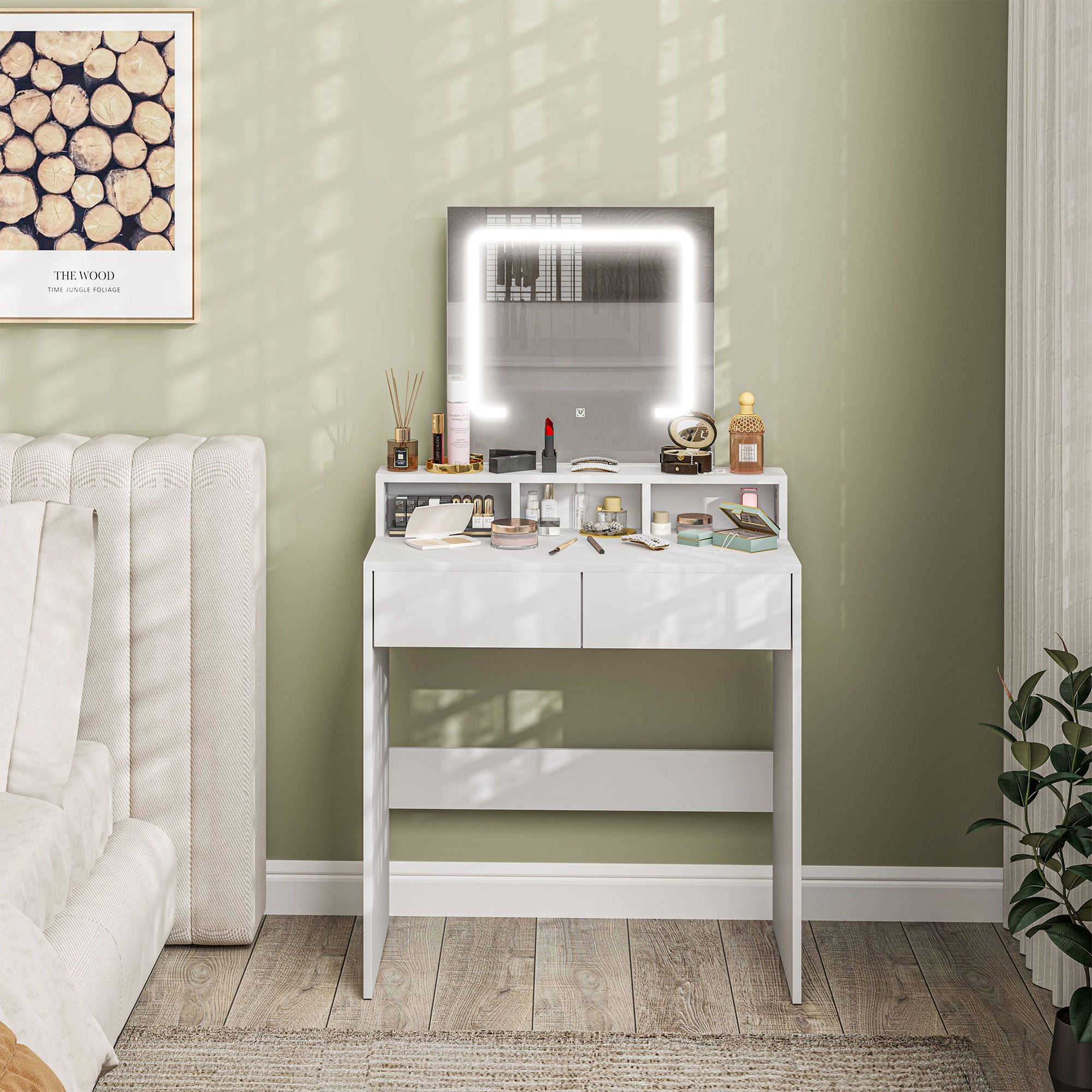 Makeup Vanity Desk with Mirror and LED Lights, for Bedroom, Modern Dressing Table with Drawers, Compartments, White Dressing & Vanity Tables   at Gallery Canada