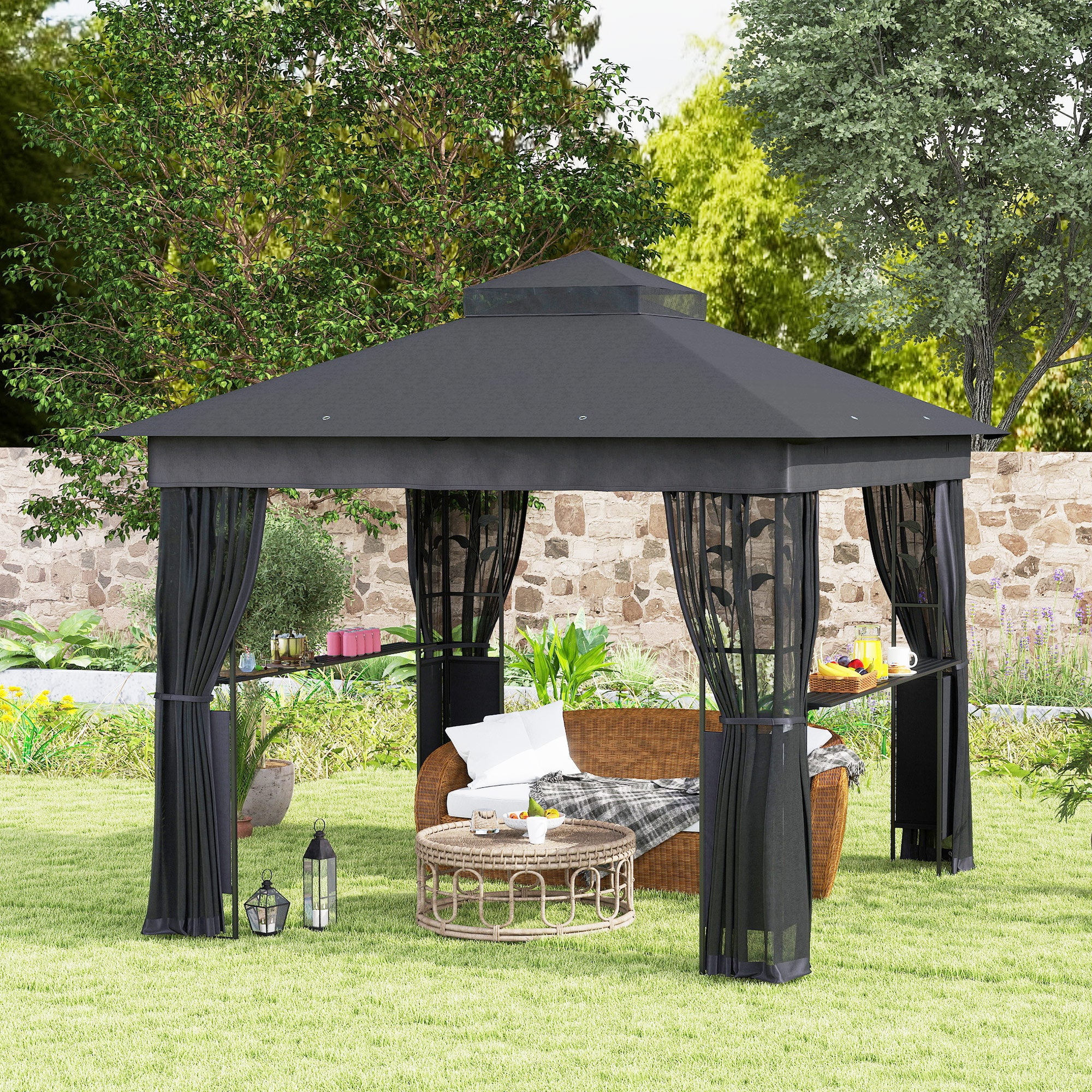 10' x 10' Outdoor Gazebo with Shelves and Netting, UV30+ Double Roof Patio Gazebo for Lawn, Backyard and Deck Gazebos at Gallery Canada
