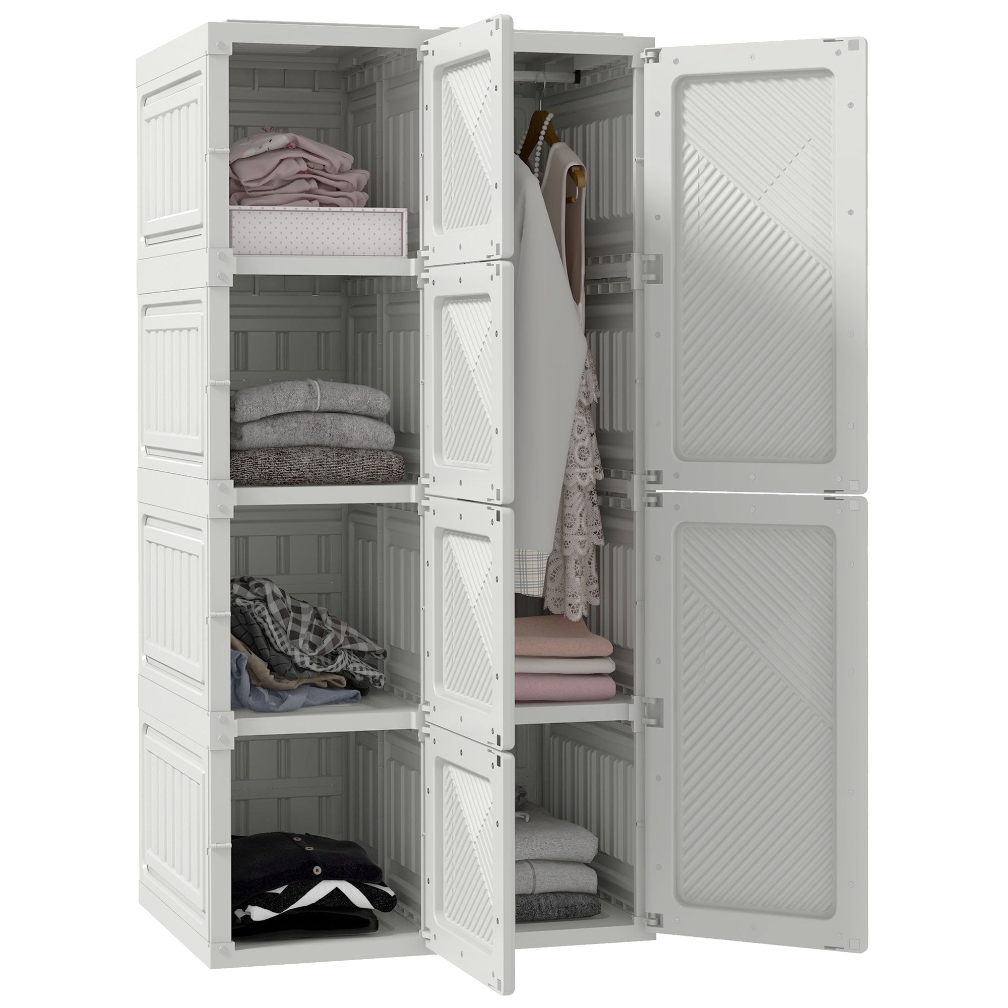 Portable Wardrobe, Foldable Clothes Storage Organzier with 5 Compartments, 2 Hanging Rod, Magnet Doors, White Clothing Storage at Gallery Canada