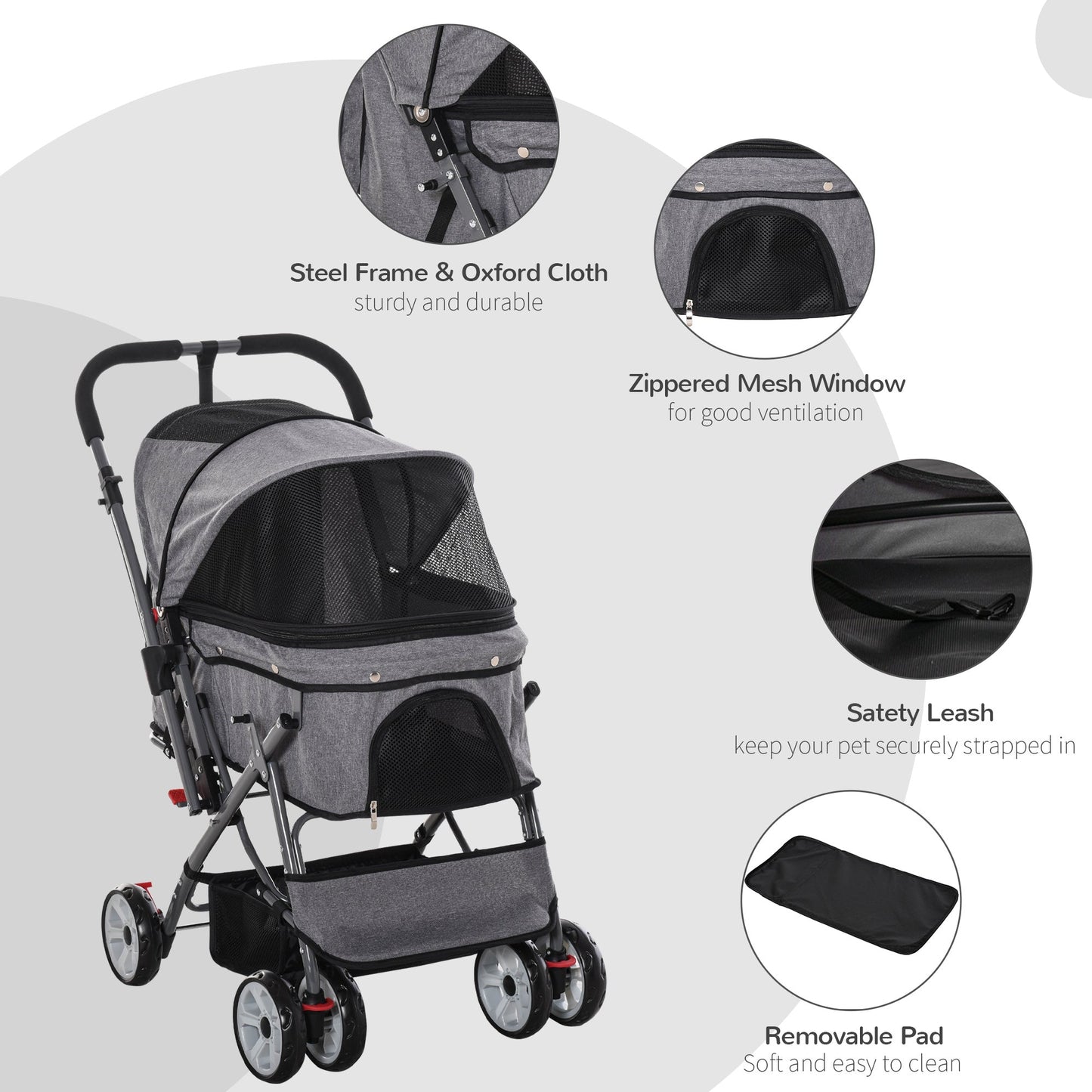 4 Wheels Pet Stroller w/ Reversible Handle, Foldable Dog Cat Travel Carriage w/ EVA Wheels Basket Storage Bag 3-stage Canopy Grey Dog Bike Trailers & Strollers   at Gallery Canada