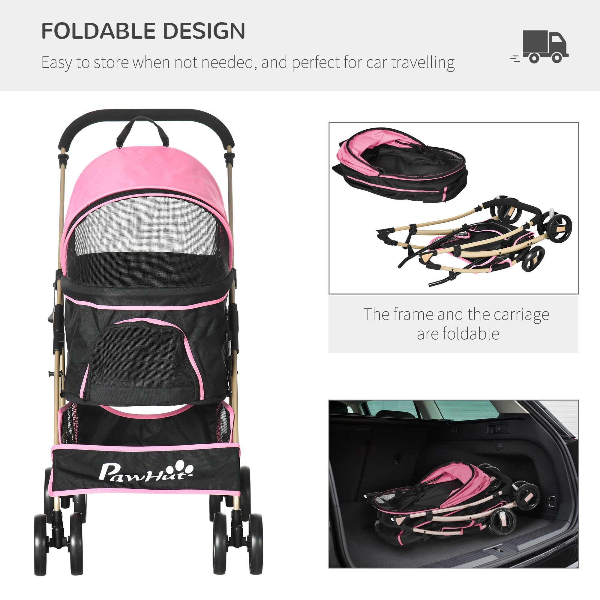 4 Wheels Pet Stroller, 3 in 1 Dog Cat Travel Folding Carrier, for Small Dogs, Detachable, w/ Brake, Canopy, Basket, Storage Bag - Pink Dog Bike Trailers & Strollers   at Gallery Canada