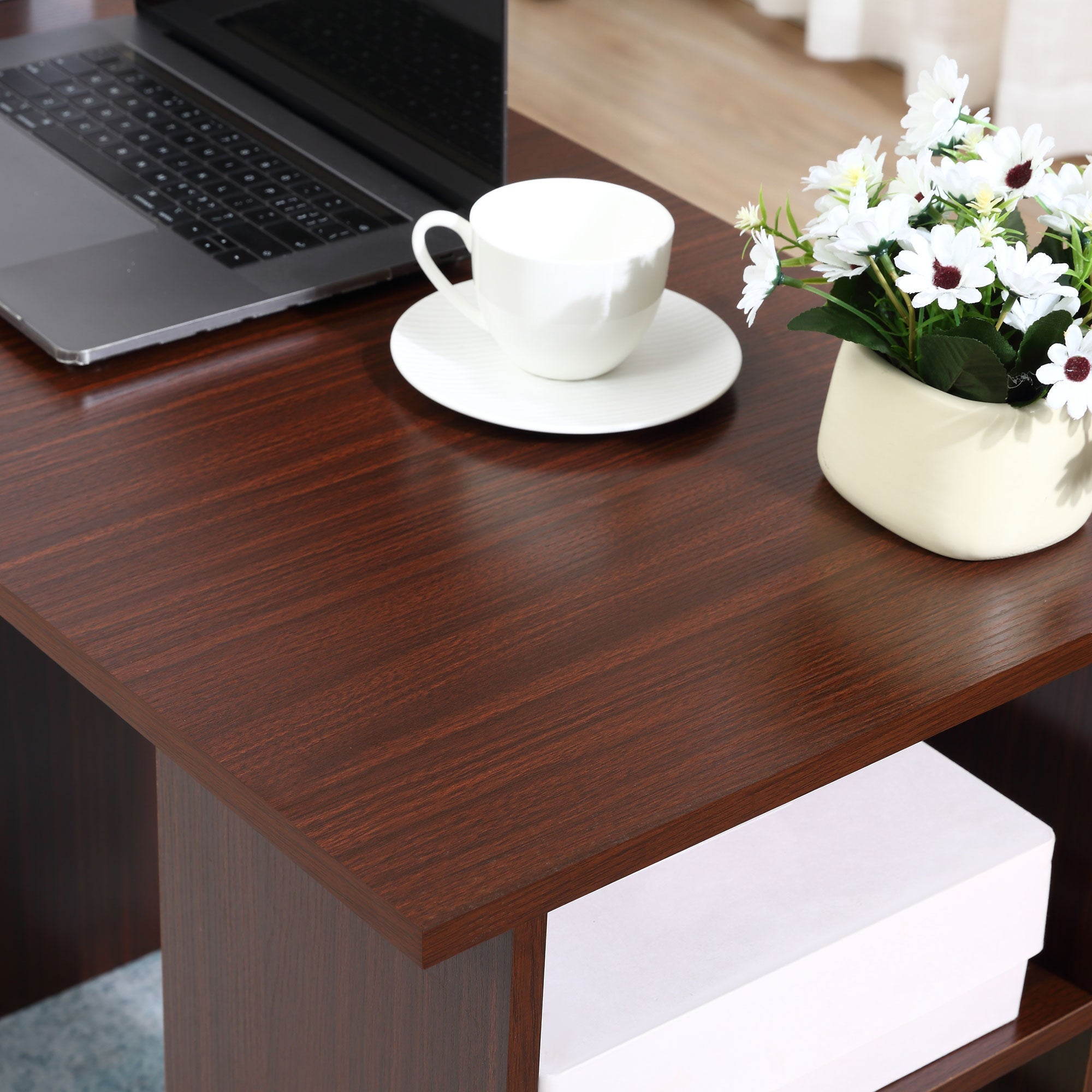 Computer Desk with 3-Tier Storage Shelves, 47 Inches Home Office Desk with Drawers, Study Writing Table, Walnut Writing Desks   at Gallery Canada