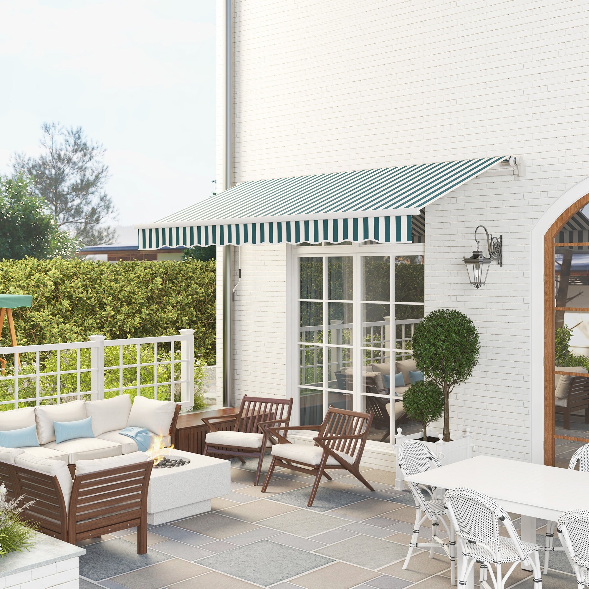 12' x 10' Manual Retractable Awning Outdoor Sunshade Shelter for Patio, Balcony, Yard, with Adjustable &; Versatile Design, Green and White Deck Awnings at Gallery Canada
