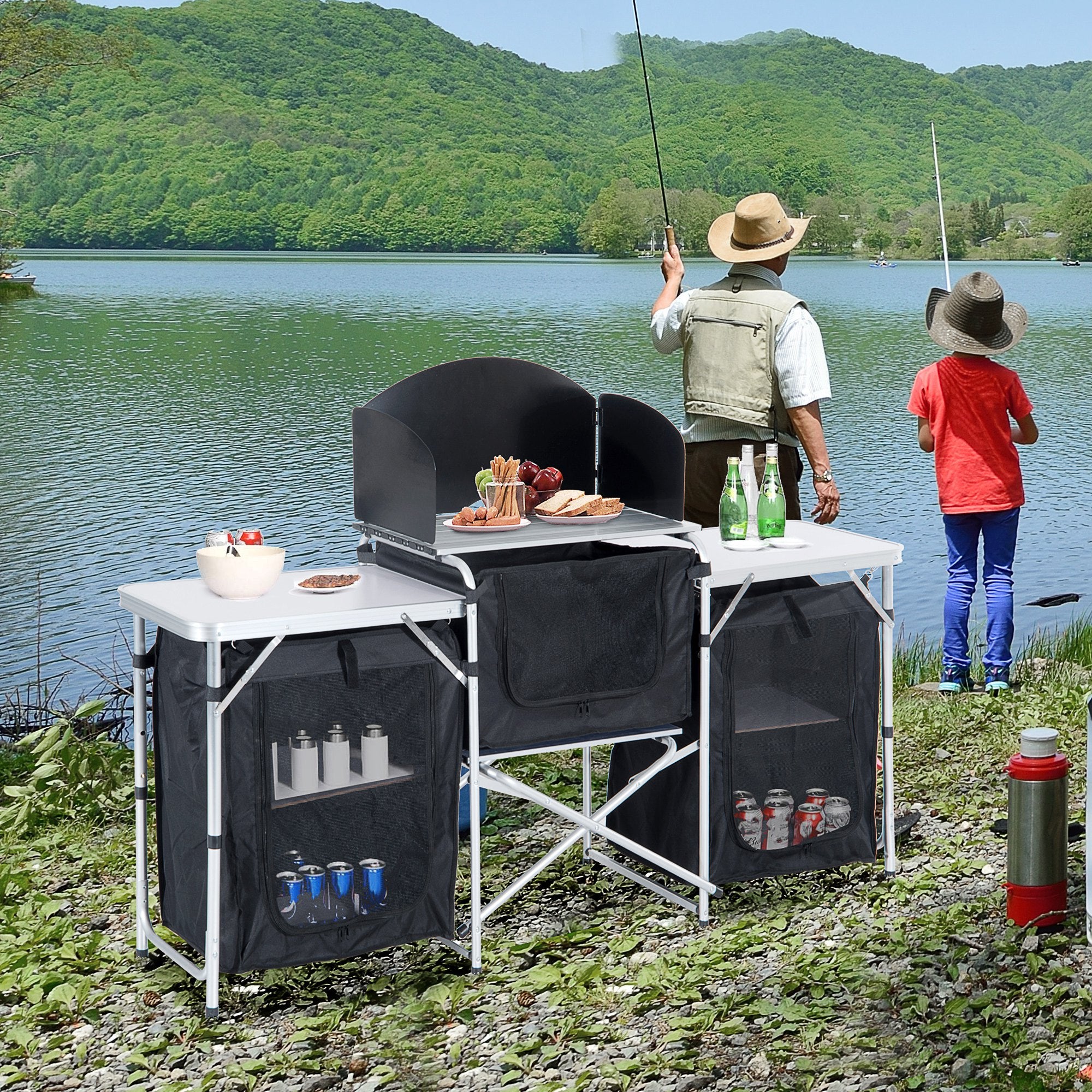 Folding Camping Kitchen Table with Carrying Bag, Windscreen and 3 Enclosed Cupboards, Aluminum Cook Station, Black Picnic Tables & Camping Chairs at Gallery Canada