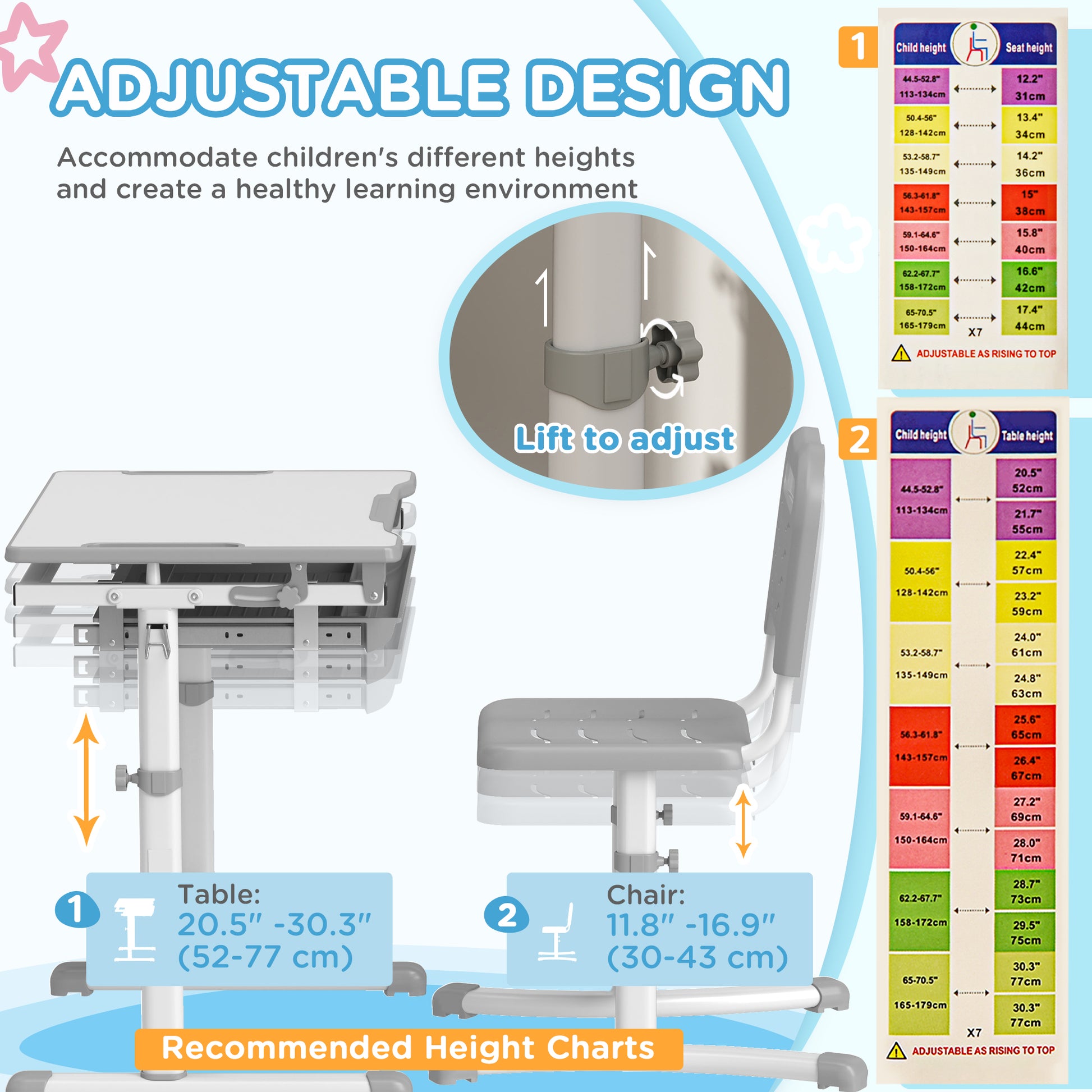 Height Adjustable Study Table and Chair Set with Drawer, Pen Slot, Tiltable Desktop, Hook, Grey Kids Desk Sets   at Gallery Canada