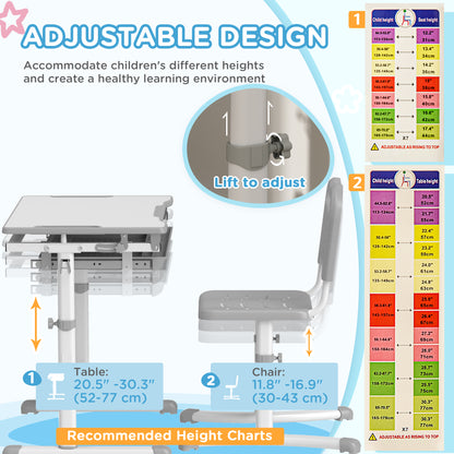 Height Adjustable Study Table and Chair Set with Drawer, Pen Slot, Tiltable Desktop, Hook, Grey Kids Desk Sets   at Gallery Canada