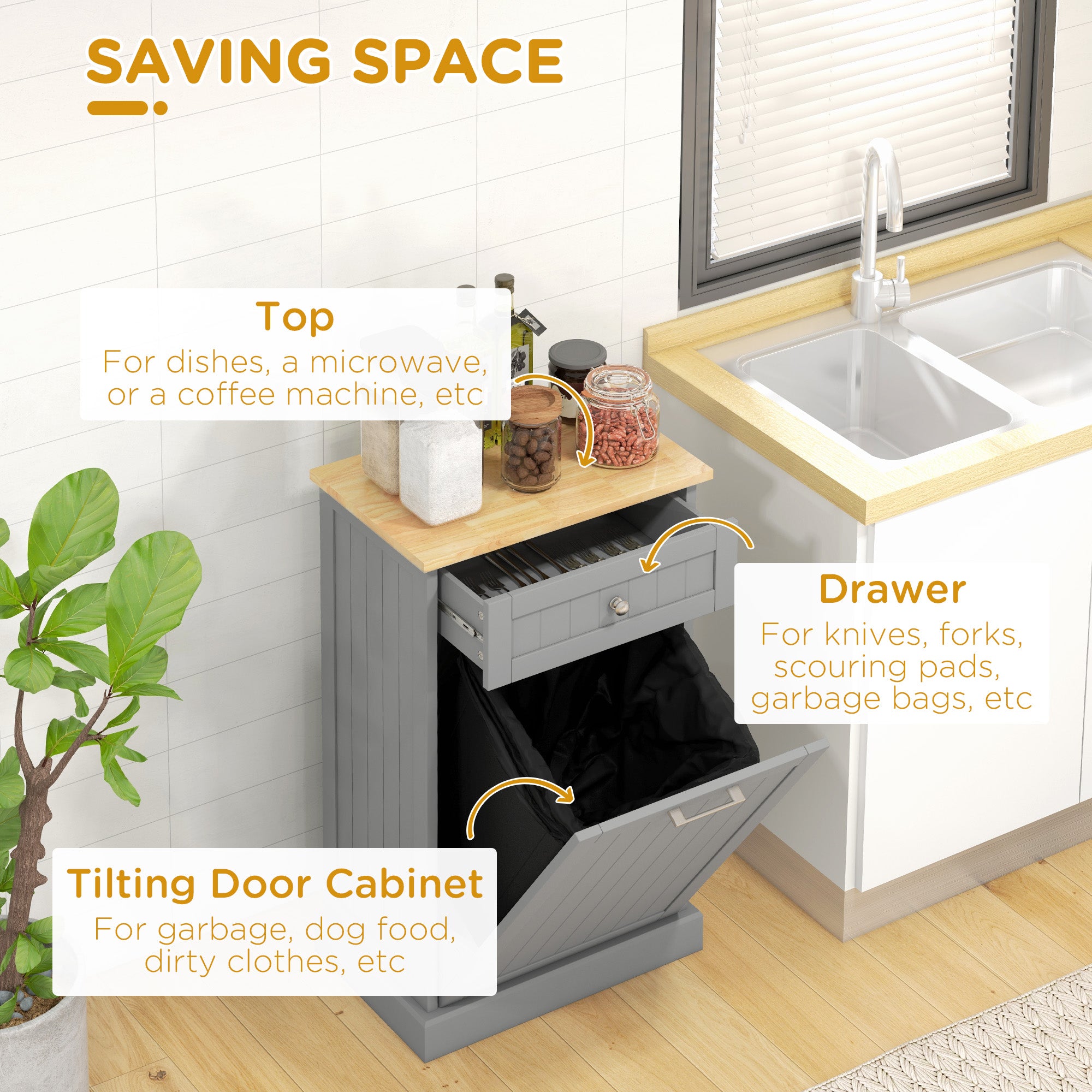 Kitchen Tilt Out Trash Bin Cabinet, Free Standing Recycling Cabinet, Trash Can Holder with Drawer, Grey Storage Cabinets at Gallery Canada