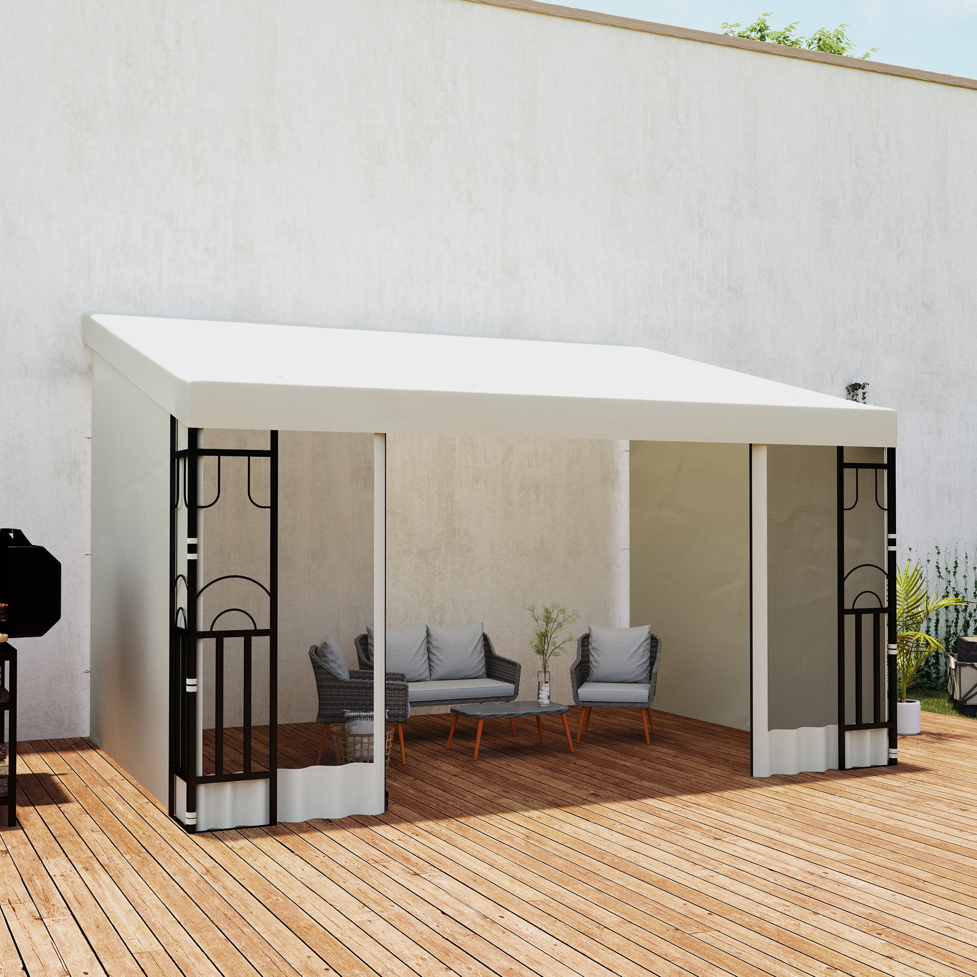 10' x 13' Wall Pergola, Outdoor Gazebo with 2 Curtains and 2 Nettings, UV Resistant, for Patio, Deck, Beige Pergolas at Gallery Canada