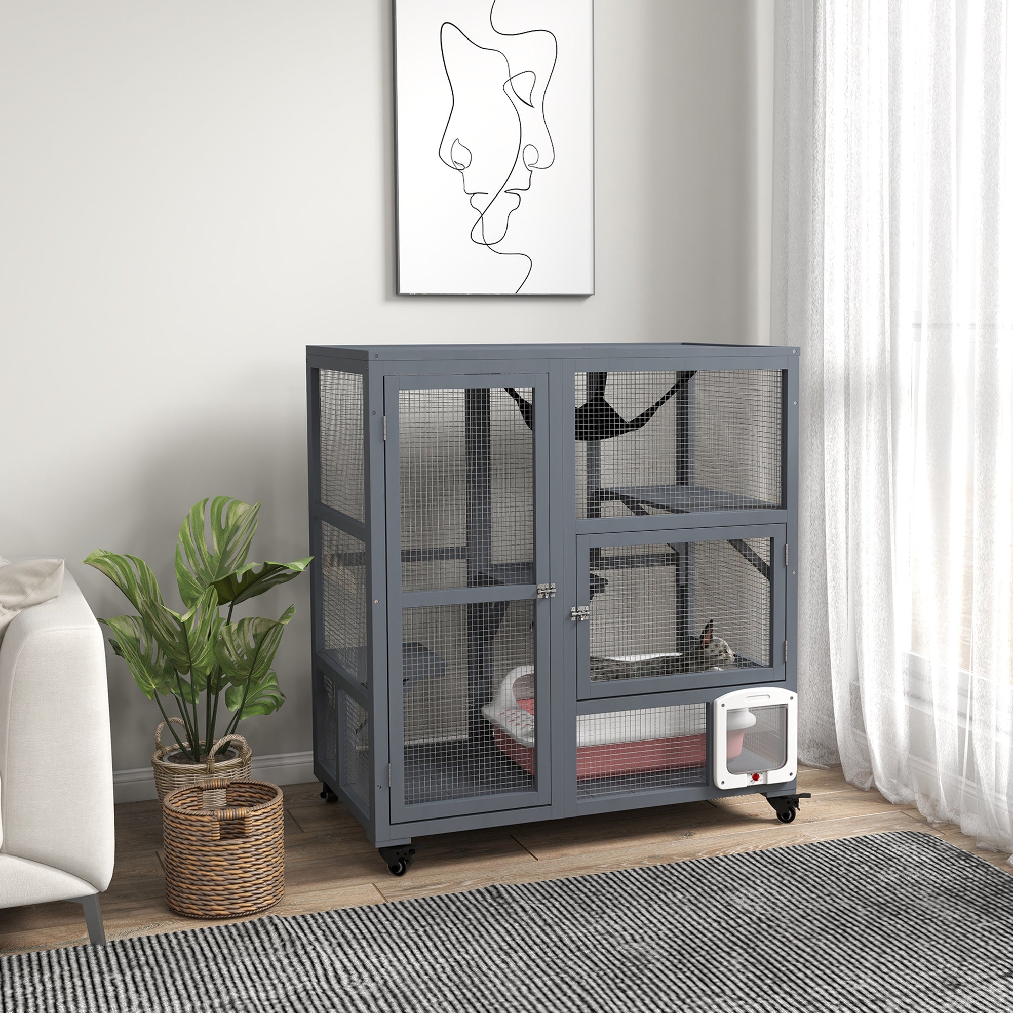 Cat Condo Wooden Indoor Cat House on Wheels with Cat Flap Door Platforms Hammock Openable Top for 2 Cats, Light Grey Outdoor Cat Enclosures at Gallery Canada