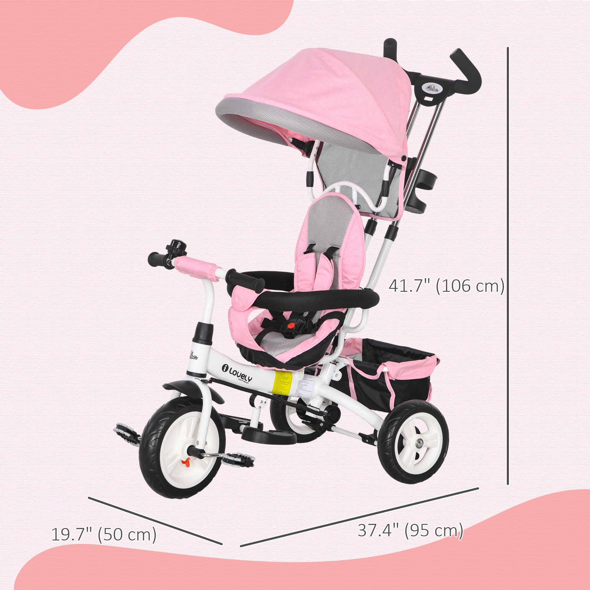 4 in 1 Toddler Tricycle Stroller with Basket, Canopy, 5-point Safety Harness, for 12-60 Months, Pink Tricycles for Kids   at Gallery Canada