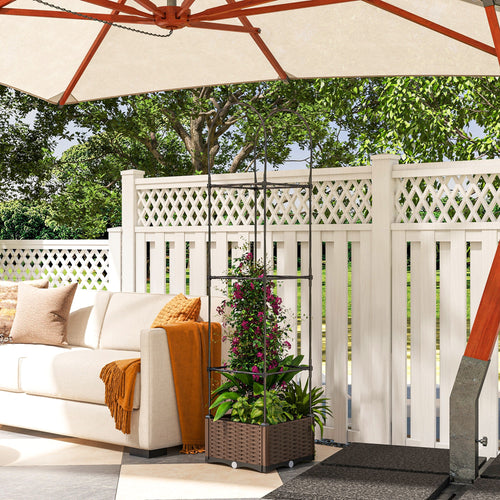 Raised Garden Bed with Trellis, Plastic Planter Box with Self-Watering Disk, Drainage Holes for Climbing Plants