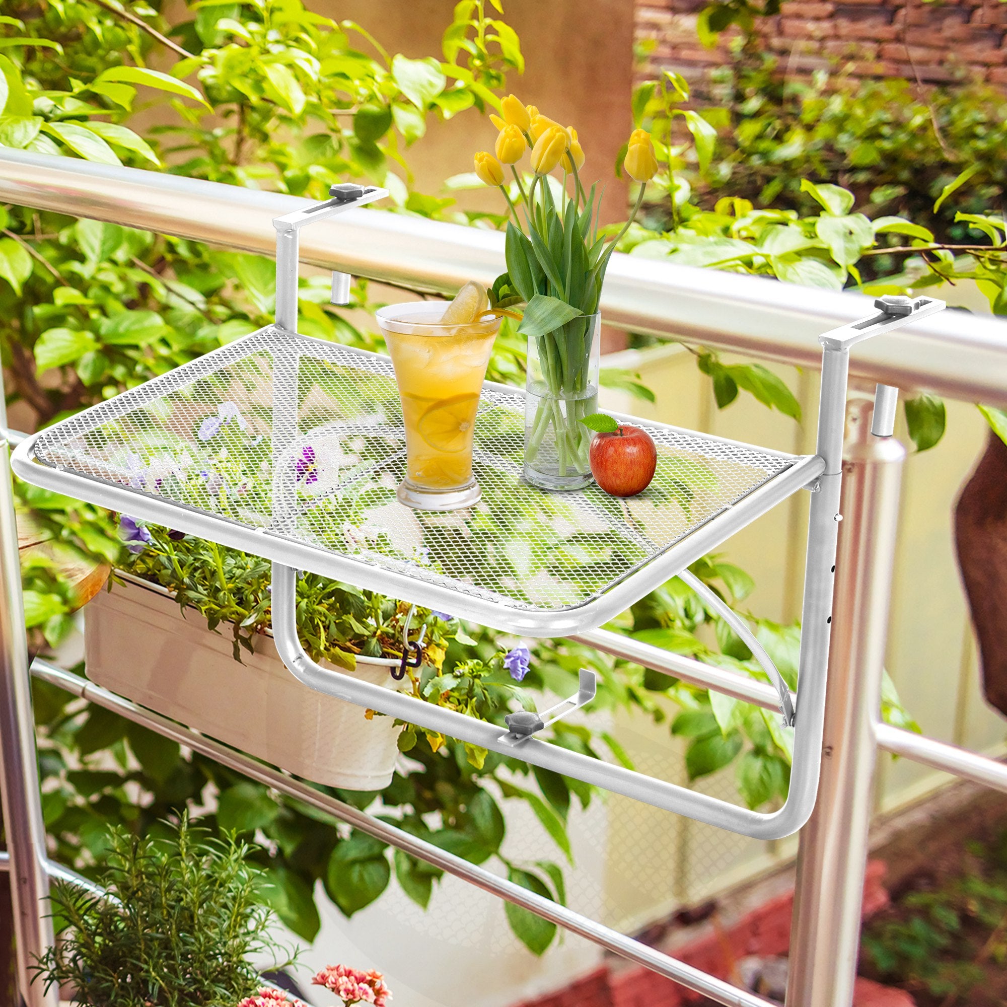Adjustable Balcony Hanging Railing Table, Metal Mounting Mini Wall Desk Storage Rack, Outdoor Flower Stand Serving Table Rectangle, White Balcony Table Hanging at Gallery Canada