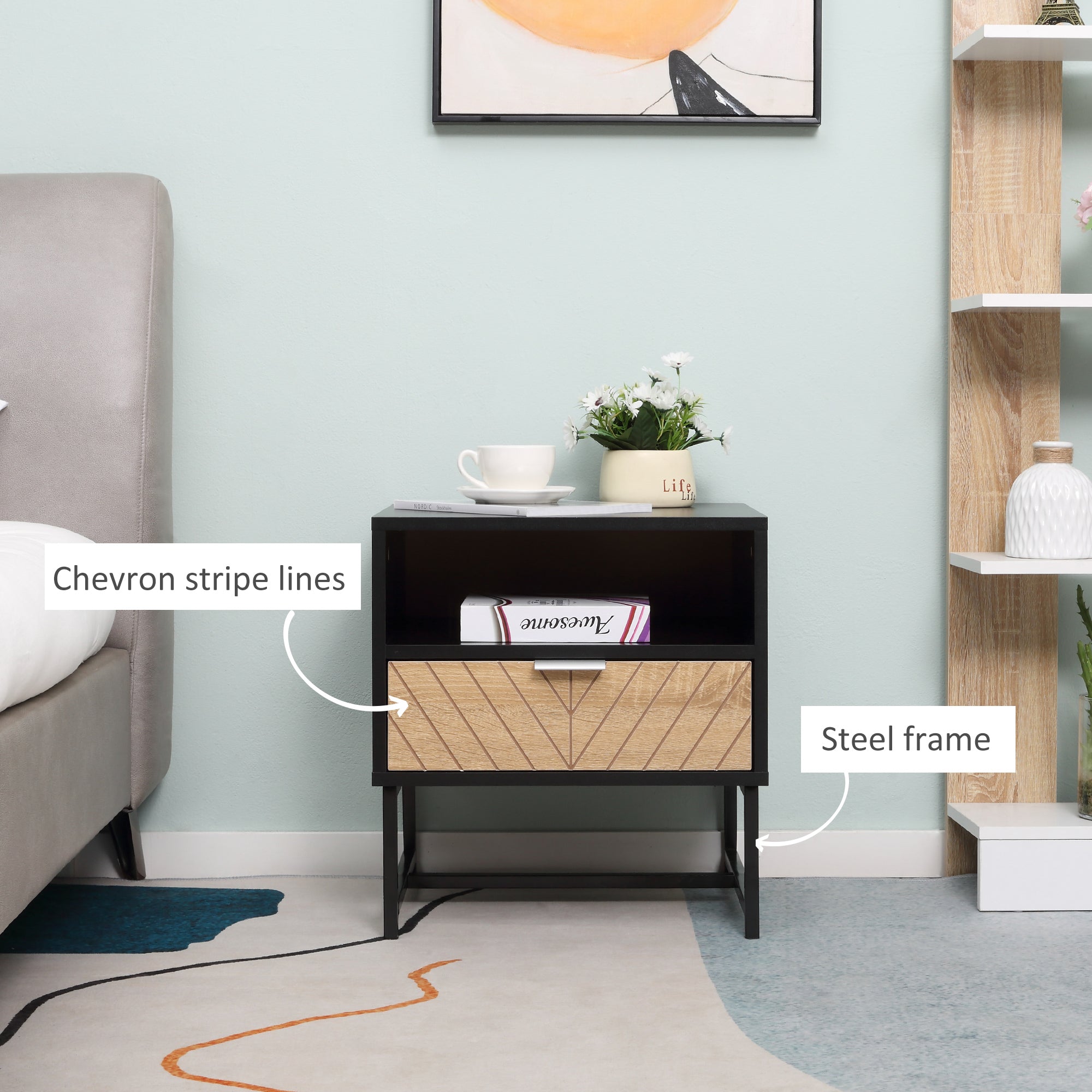 Modern Bedside Table with Drawer, Nightstand with Storage Shelf, Sofa End Table for Bedroom, Black and Oak Bedside Tables at Gallery Canada
