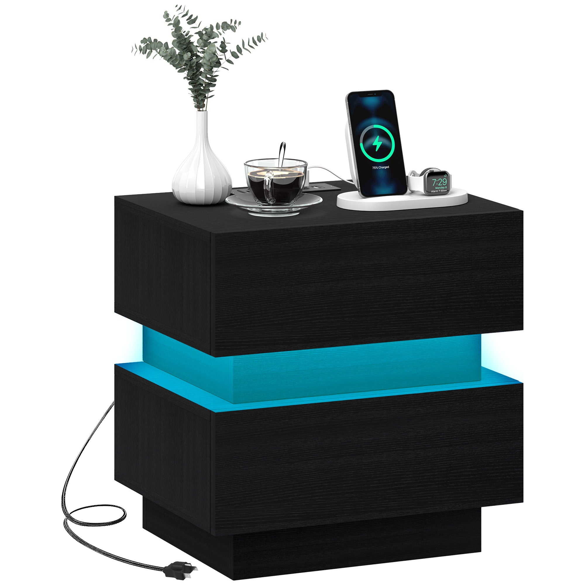 Bedside Table with Charging Station and LED Light Modern Nightstand with USB Ports AC Outlets Drawers Remote, Black Bedside Tables   at Gallery Canada