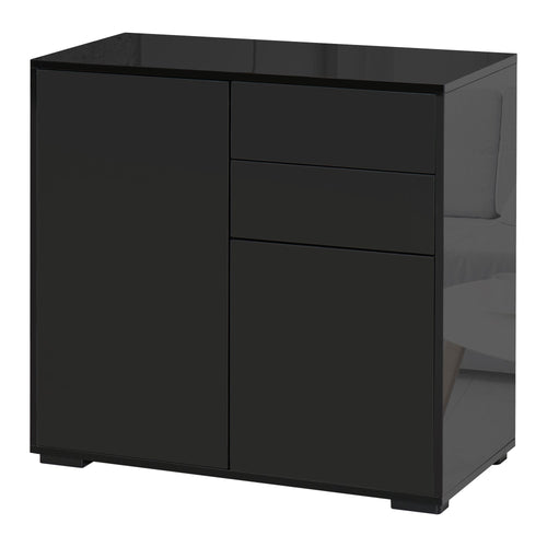 High Gloss Buffet Sideboard with 2 Drawers, 2 Doors and Adjustable Shelf, Kitchen Storage Cabinet with Push Open Design, Black