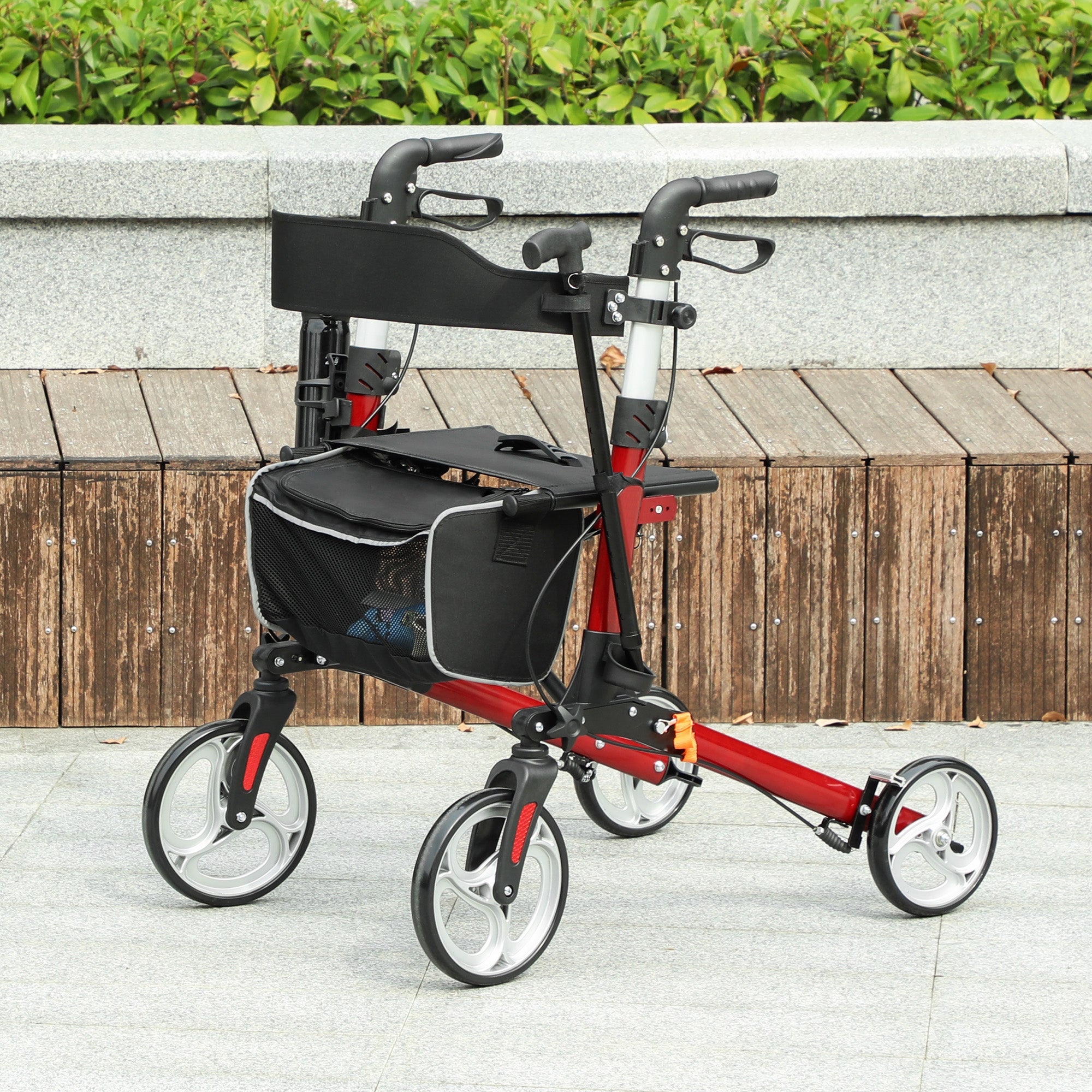 Lightweight Folding Rolling Walker with Large Seat, Back, Adjustable Handle, Bag, Dual Brake, Cane Holder, Red Knee Walker & Wheelchair Ramps at Gallery Canada