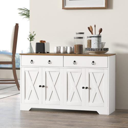 Kitchen Sideboard Cabinet with 2 Drawers, 4 Barn Doors and 2 Adjustable Shelves, Buffet Table for Living Room, White