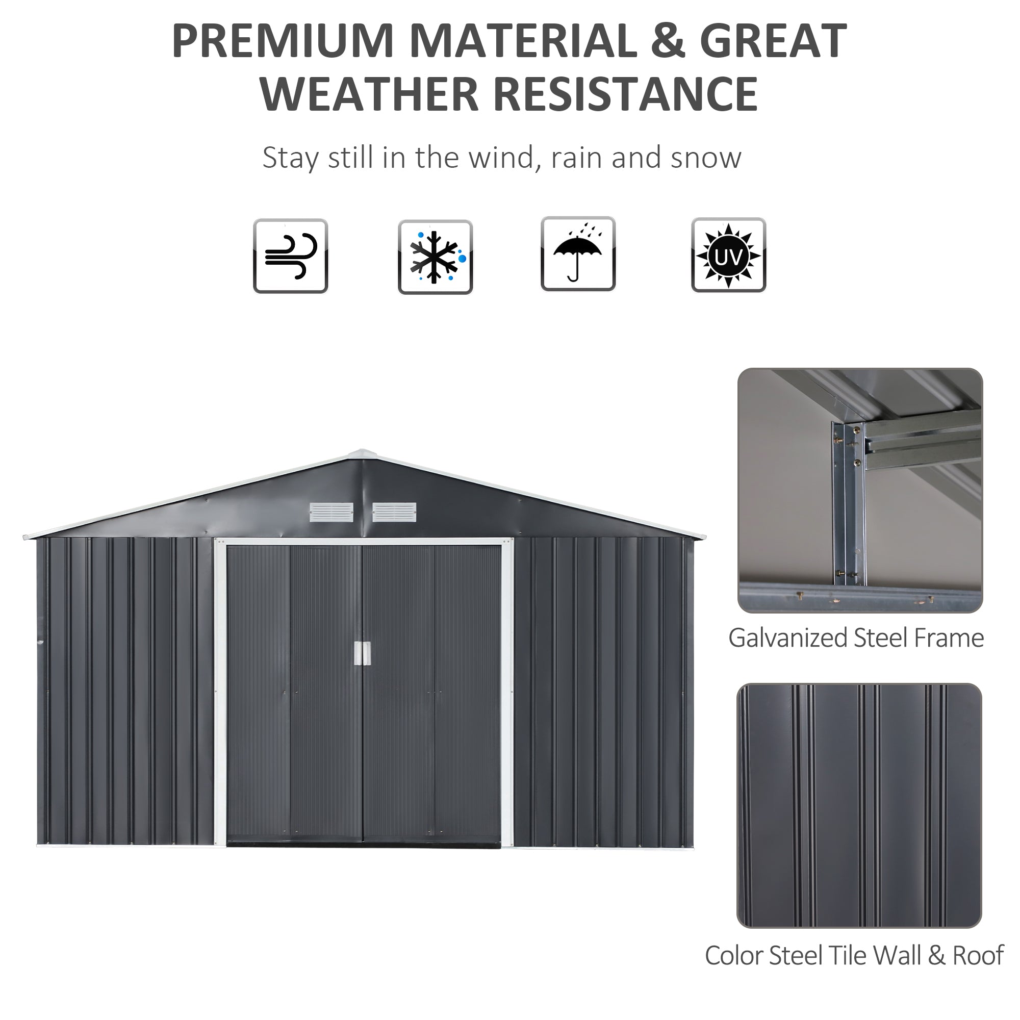 11.2ft x 12.5ft Practical Backyard Garden Storage Tool Shed 4 Ventilation Slots Double Sliding Door, Grey Sheds at Gallery Canada